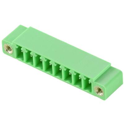 Zelený elektronický konektor s deviatimi kontaktmi a dvoma kovovými montážnymi otvormi na koncoch, určený pre káblové prepojenia.