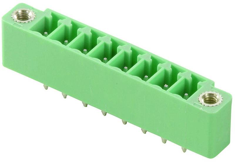 Zelený, obdĺžnikový, viacpólový konektor s niekoľkými pripojovacími miestami a dvoma upevňovacími otvormi na koncoch.