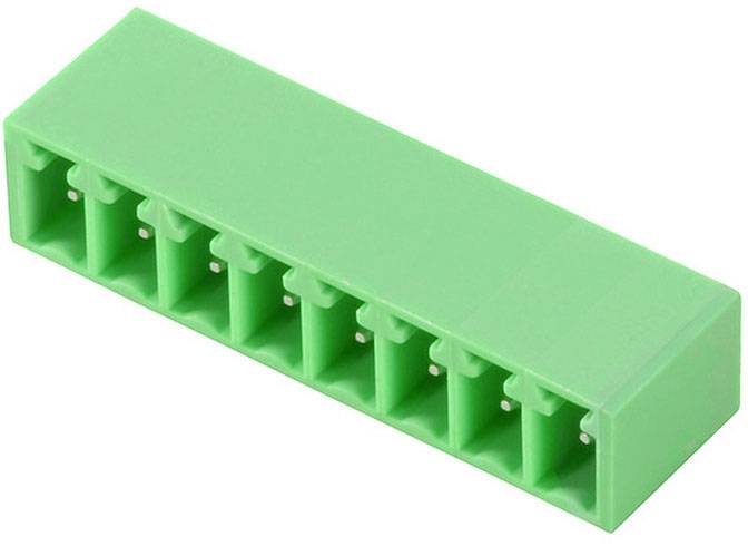 Zelený 8-pinový konektor s priamym usporiadaním vývodov, používaný na prepojenie elektronických komponentov.