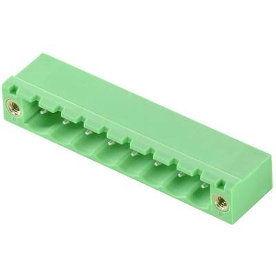 Zelený konektor pre elektronické prepojenia s ôsmimi pripájacími svorkami a kovovými zásuvkami na koncoch.