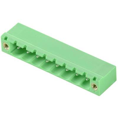 Zelený, obdĺžnikový konektor s viacerými prípojkami, dva kovové krúžky na koncoch na upevnenie.