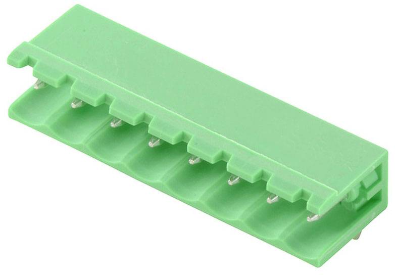 Zelený elektrický konektor s viacerými pripojovacími bodmi, vhodný pre malé elektronické zariadenia alebo obvody.
