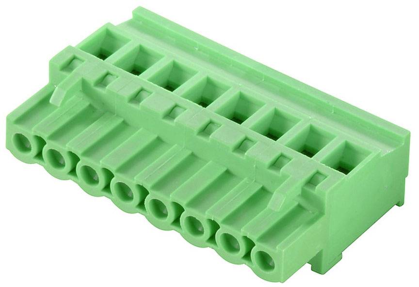 Zelený elektrický konektor s deviatimi kolíkmi, používaný na prepájanie káblov v elektronických zariadeniach.
