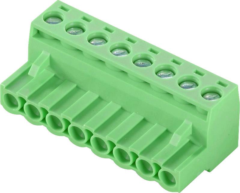 Zelený konektor s ôsmimi pripojovacími miestami, vhodný pre elektrické káblové prepojenia a zapojenia.