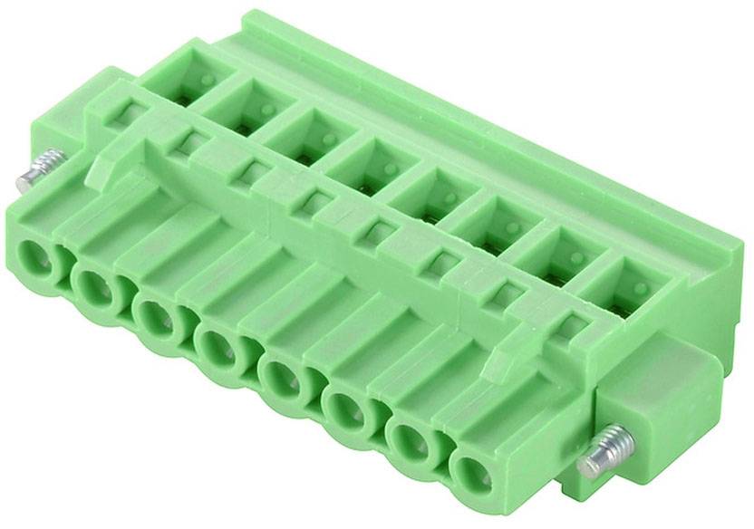 Zelený konektor s desiatimi kontaktmi pre elektronické prepojenia, zaistený bočnými skrutkami.