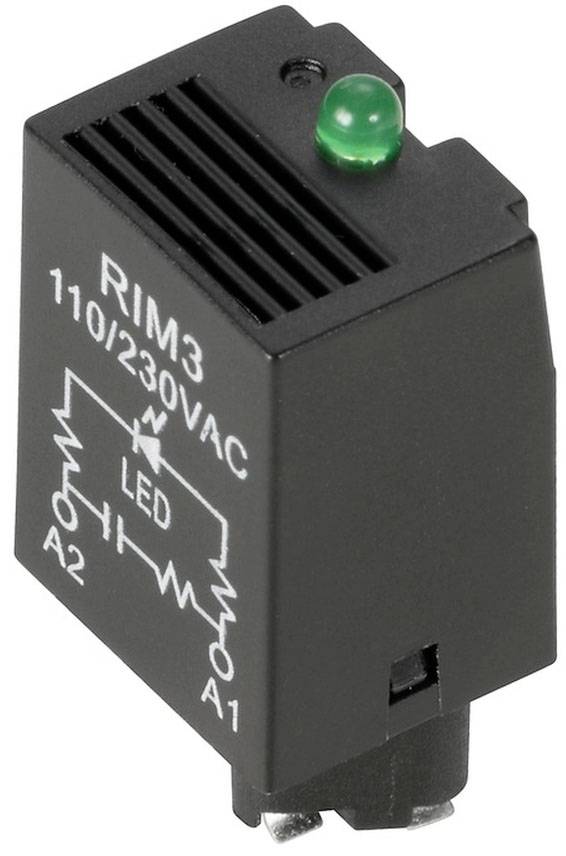 Relé modul s LED indikáciou, model 'RIM3', pre 110/230V AC. Disponuje svorkami A1 a A2.
