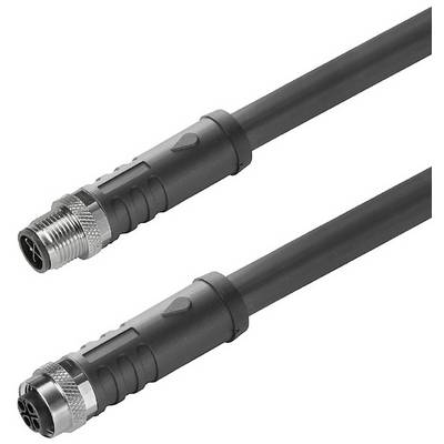 Dva elektrické konektory, každý s jedným samčím a jedným samičím vstupom, prepojené čiernymi káblami.