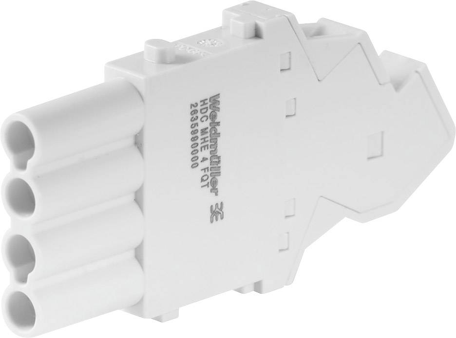 Biely elektrický konektor so štyrmi okrúhlymi vstupmi, označený nápisom 'Weidmüller HDC 54 4 1 QT 2035900000'.