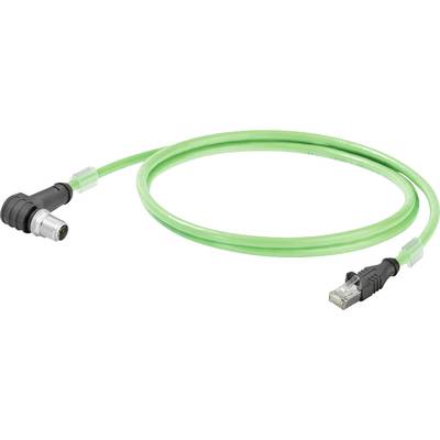 Zelený ethernetový kábel, jeden koniec s RJ45 konektorom, druhý s M12 konektorom, vhodný pre priemyselné aplikácie.