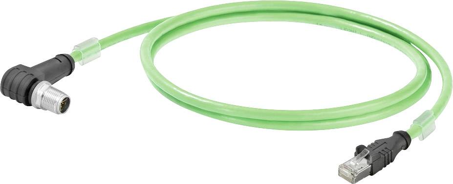 Zelený ethernetový kábel s pravouhlým M12 konektorom a RJ45 konektorom, vhodný pre priemyselné sieťové pripojenia.