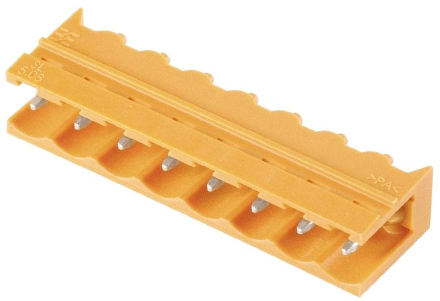 Oranžový rozvodný blok s viacerými kontaktmi na prepojenie elektrických vodičov, používaný v elektroinštaláciách.