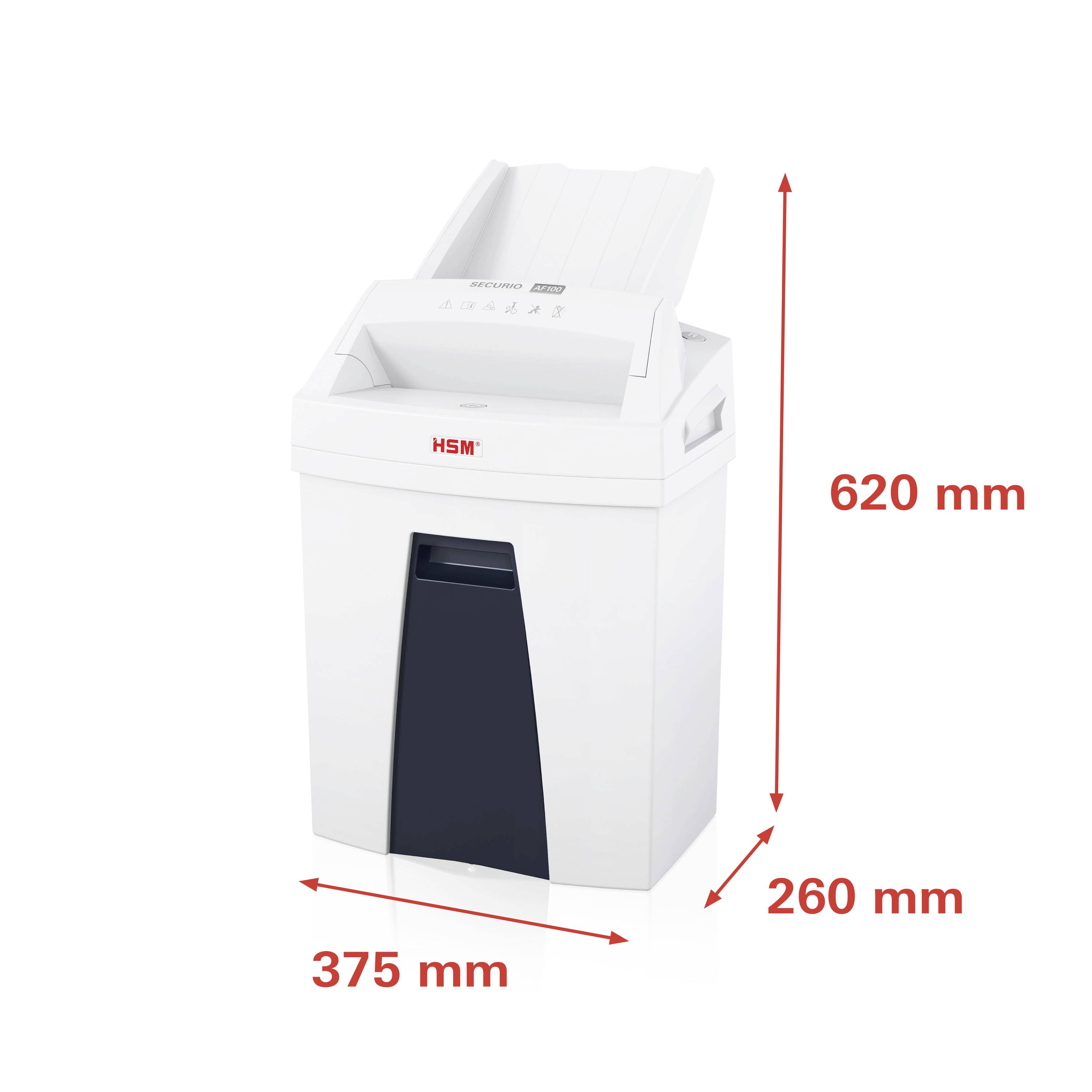 Biely skartovací stroj s čiernou klapkou. Červeno vyznačené rozmery: výška 620 mm, šírka 375 mm, hĺbka 260 mm.