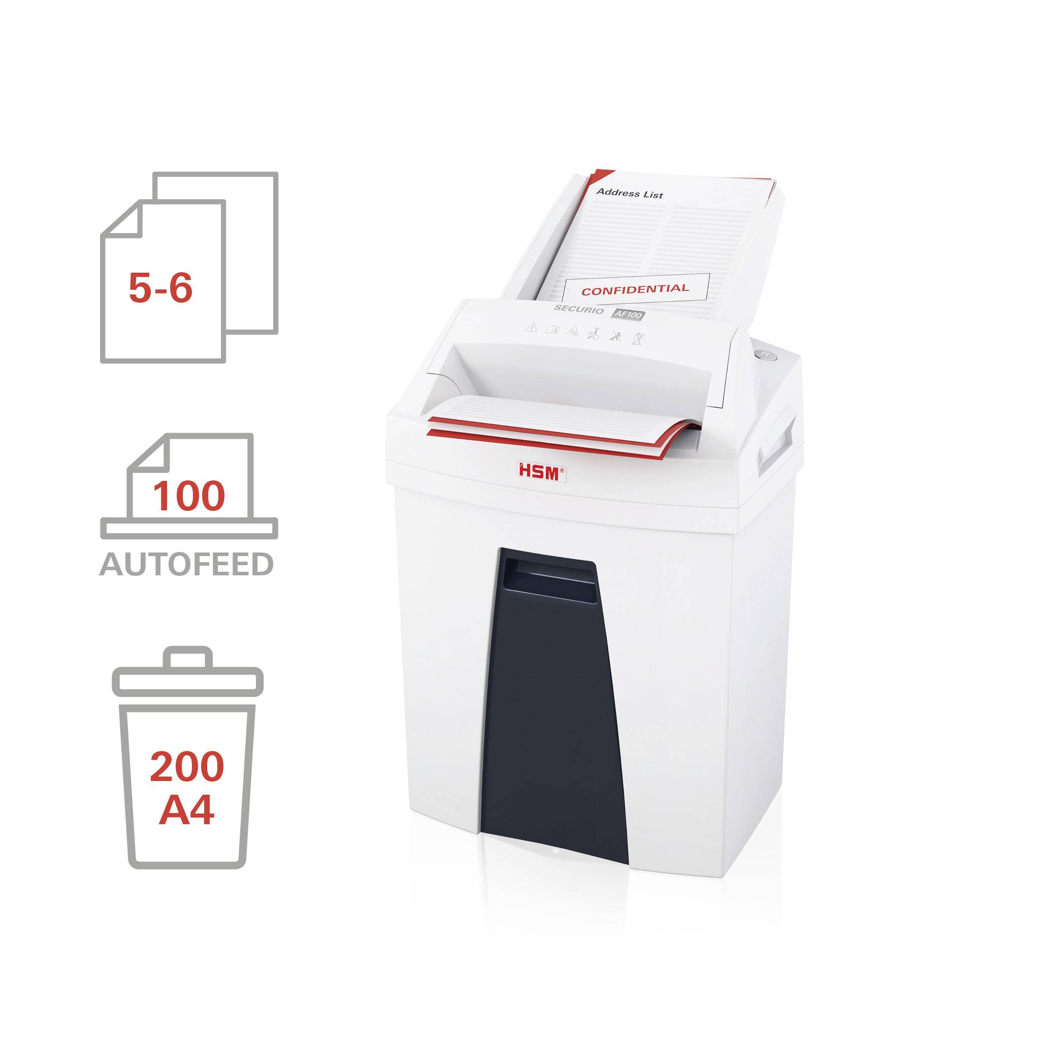 Skartovačka s automatickým podávaním až pre 100 listov. Zobrazuje symboly pre počet listov a veľkosť zberného koša (200 A4).