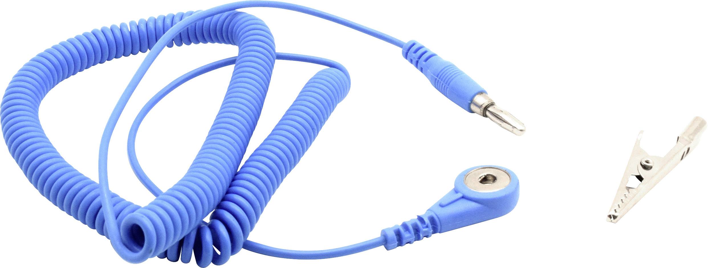 Modré, špirálové uzemňovacie vedenie s krokosvorkou a zástrčkou, používané na odvádzanie statickej elektriny.