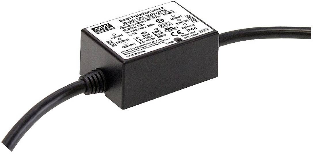 Obdĺžnikové zariadenie na ochranu pred prepätím s káblovými prípojkami. Na hornej strane sú vytlačené technické údaje a firemné logá.