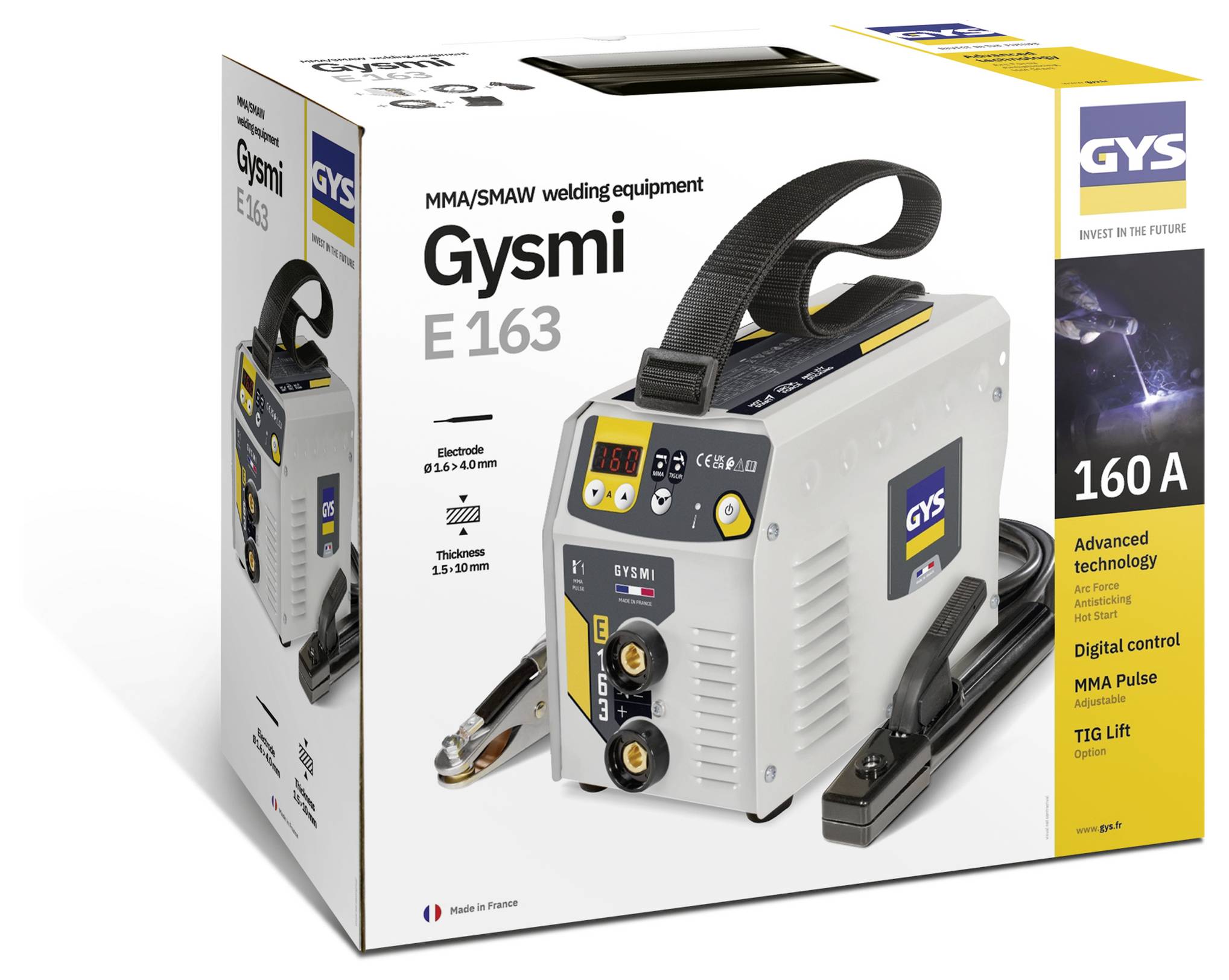 Produktová krabica pre GYS Gysmi E163 svarovací stroj MMA/SAW s funkciami zváracieho stroja, hľadáka, káblov a digitálneho riadenia s výkonom 160 A.