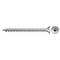 Strieborná kovová skrutka so skrutkovacím krížovým výrezom leží horizontálne.
