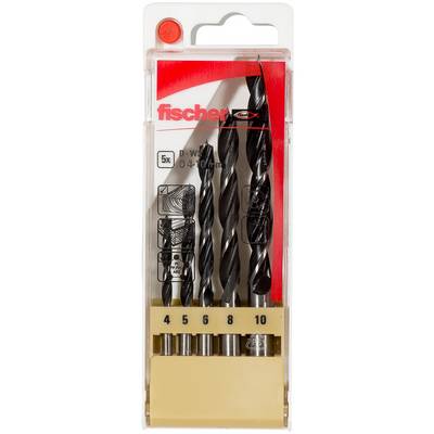 Balenie vrtákov fischer v priehľadnom plastovom obale s piatimi čiernymi špirálmymi vrtákmi s označením veľkostí 4, 5, 6, 8 a 10 mm.