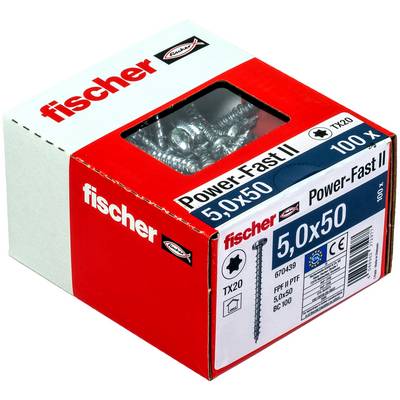 Krabica s skrutkami fischer Power-Fast II 5.0x50, ktorá má priehľadné okno s kovovými skrutkami vnútri a štítkom produktu na prednej strane.