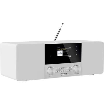 Biele stolové rádio s anténou a digitálnym displejom. Displej zobrazuje stanicu 'STAR*SAT RADIO' a práve hrajúcu hudbu.