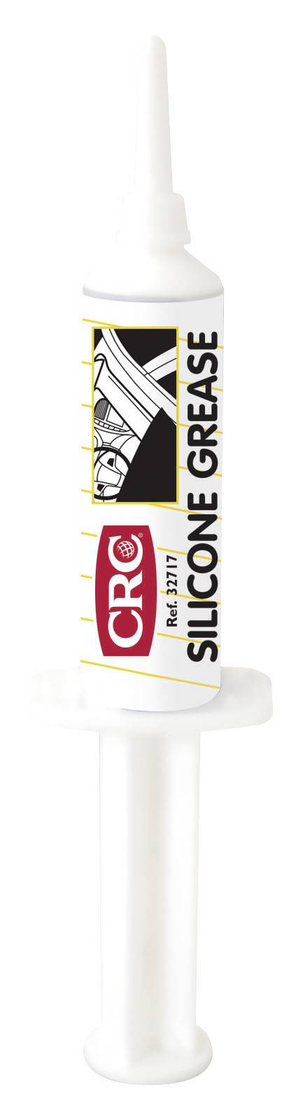 Biela striekačka s potlačou 'CRC Silicone Grease'. Obal zobrazuje štylizovanú mechaniku, symbolizuje použitie produktu.