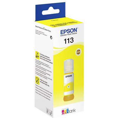 Žltá atramentová fľaša Epson 113 v originálnom balení. Text 'Exceed Your Vision'. Vhodná pre tlačiarne EcoTank. Kvapalné farbivo.