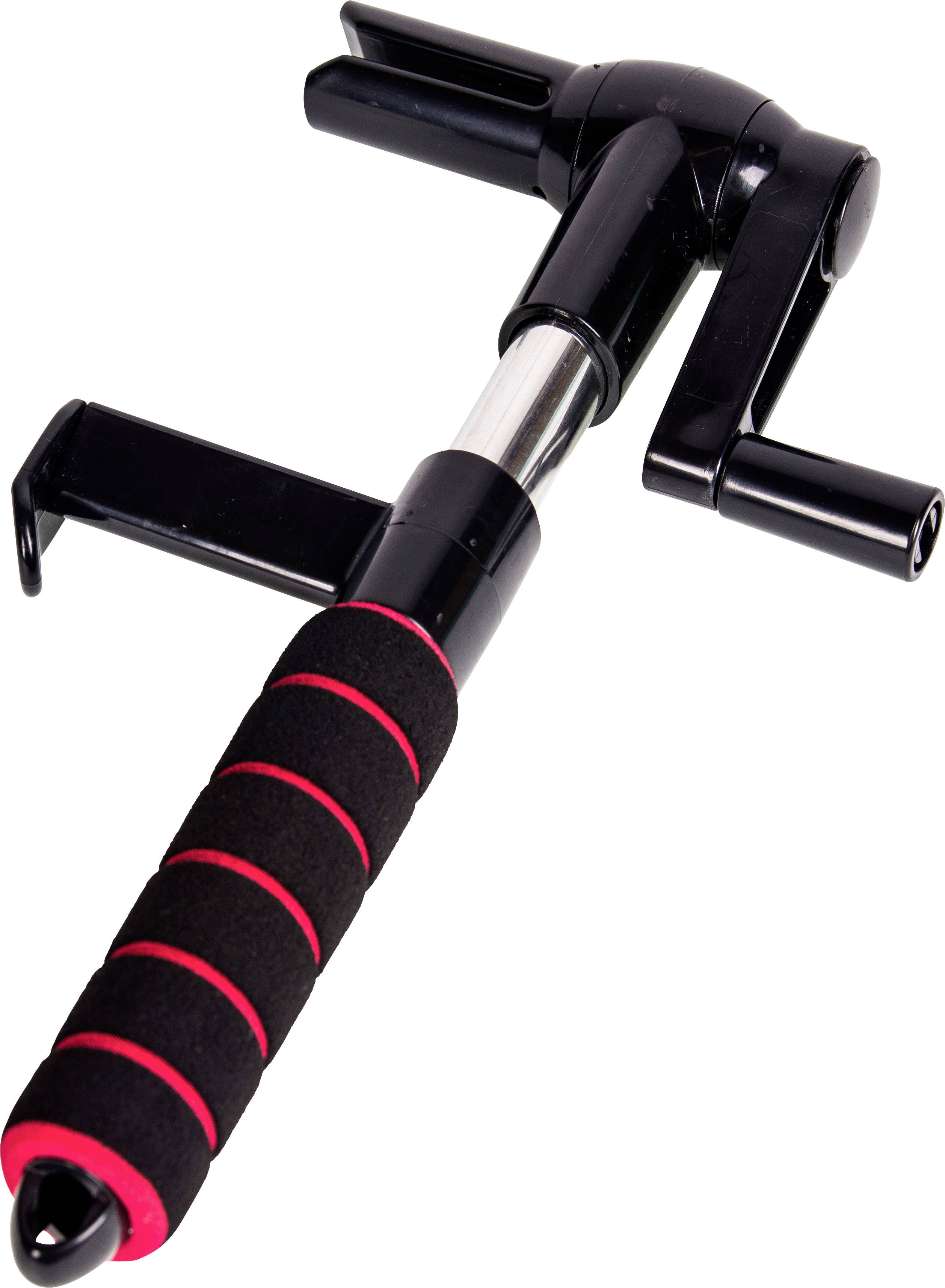 Selfie tyč s čiernou rukoväťou a červenými pruhmi. Hore sa nachádza nastaviteľný držiak na mobil a spúšť.