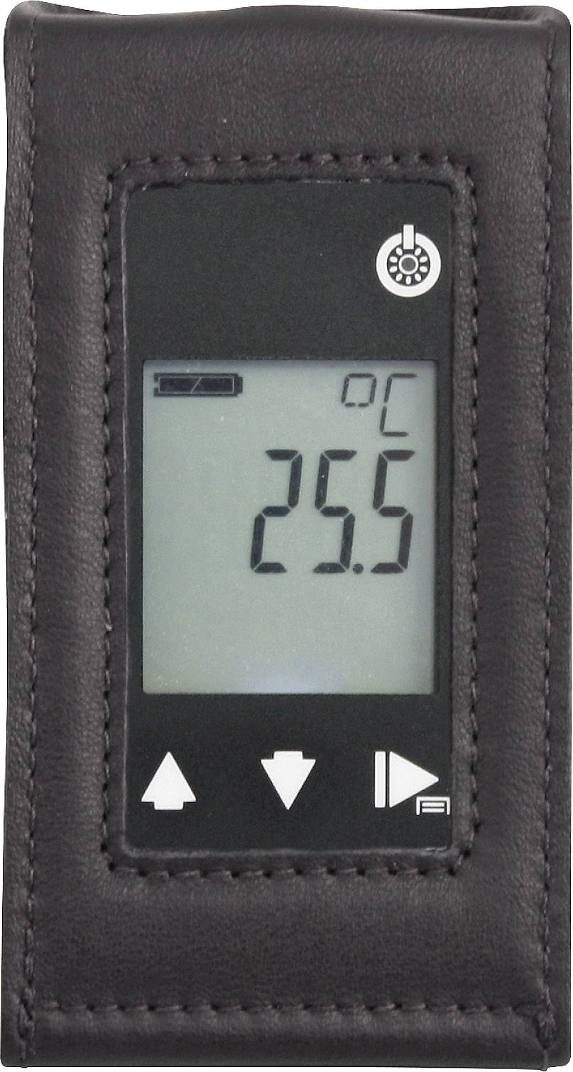 Digitálny teplomer v koženom puzdre ukazuje 25,5°C. Zobrazovacie prvky pre reguláciu teploty a stav batérie sú viditeľné.