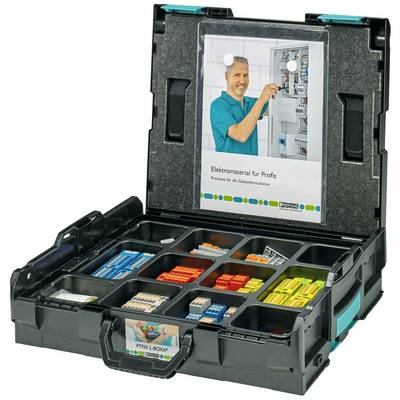 Otvorený kufrík s náradím obsahujúci rôzne elektrické svorky a konektory. Na vnútornej strane veka je obrázok a text s nápisom "Elektro materiál pre profesionálov".