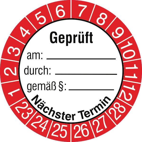 SafetyMarking 30.3697_23-28 plaketa o skúške Geprüft am / durch / gemäß § / nächster Termin 2023-2028 červená samolepiace fólie (Ø) 3 cm 3 cm 15 ks