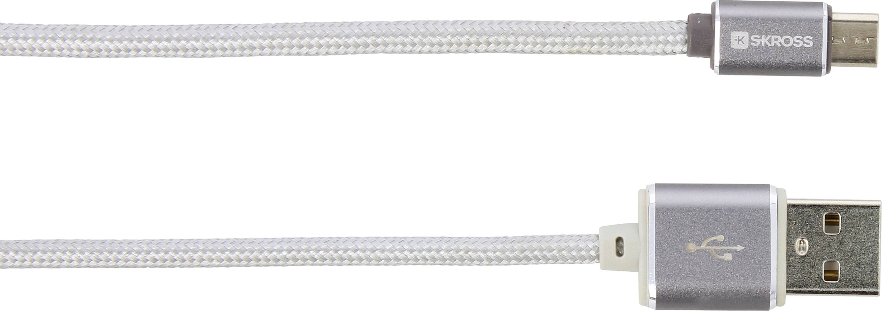 USB kábel so striebornými koncovkami, na jednej strane USB-C, na druhej strane USB-A. Kábel je obalený bielym opletením.