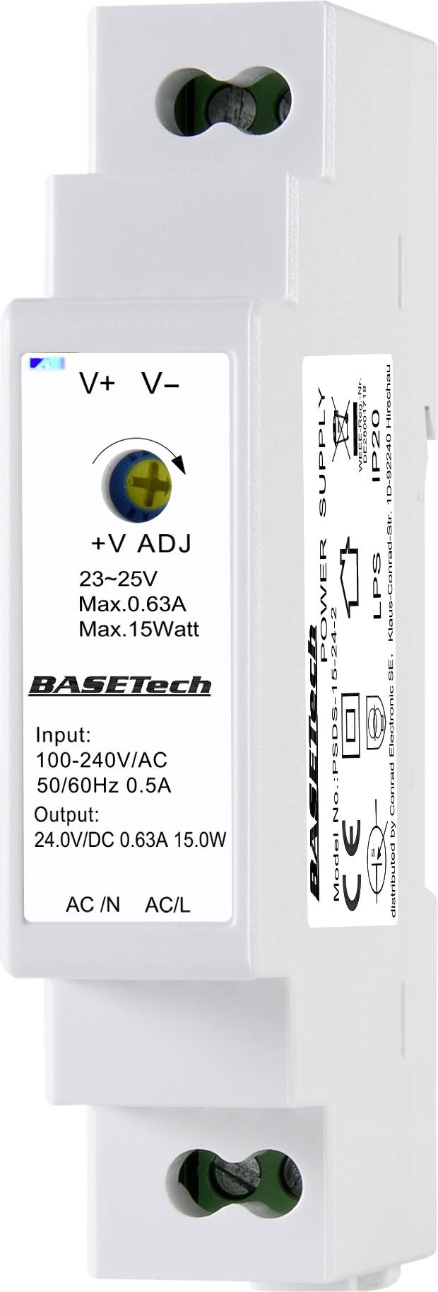 Obdĺžnikový napájací zdroj s označeniami: '23-25V', 'Max. 0,63A', 'Max. 15W'. Rozsah vstupu: '100-240V/AC', '50/60Hz 0,5A'.