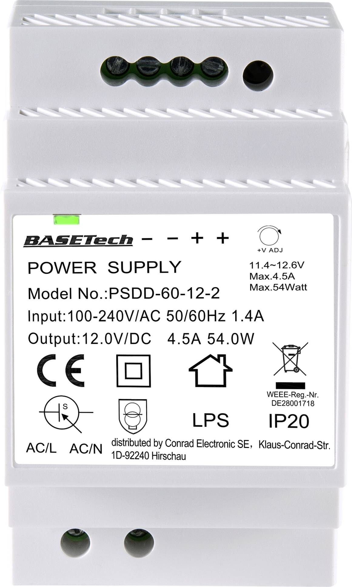 'BASETech Sieťový zdroj PSDD-60-12-2; Vstup: 100–240V AC, 50/60Hz, 1,4A; Výstup: 12,0V DC, 4,5A, 54W, IP20; určený na montáž na DIN lištu.'