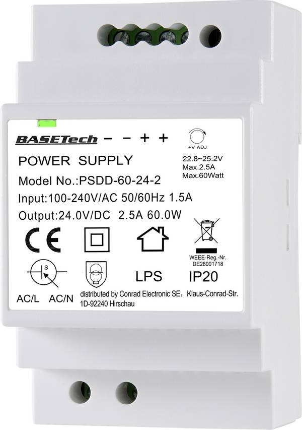 Basetech PSDD-60-24-2 sieťový zdroj na montážnu lištu (DIN lištu), 24 V, 2.5 A, 60 W, výstupy 2 x