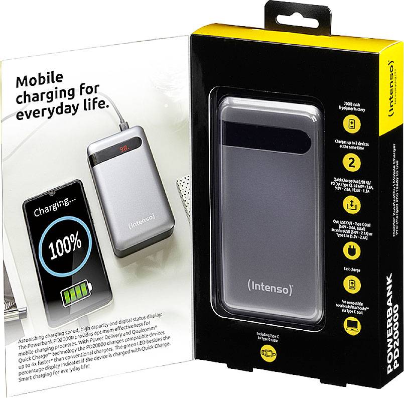 Obal powerbabanky 'Intenso' zobrazuje produkt a jeho vlastnosti, ako sú kapacita 10.000 mAh, rýchle nabíjanie a stavový indikátor.