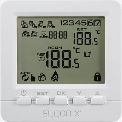 Digitálny termostat zobrazuje teplotu miestnosti 18,5 °C. Symboly pre vykurovacie programy, čas, automatický režim a zámku.