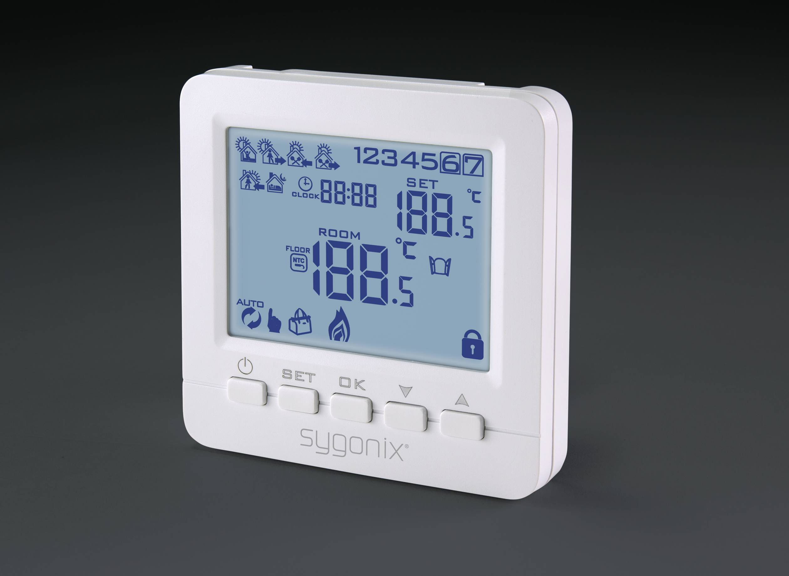 Digitálny termostat s modrým displejom zobrazuje aktuálnu teplotu miestnosti 19,0 °C a nastavenú teplotu 18,5 °C.