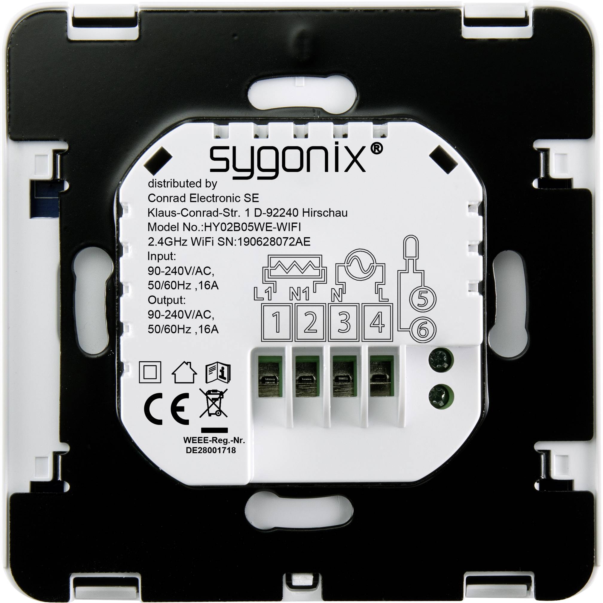 Sygnix WiFi spínací modul pre ovládanie inteligentnej domácnosti, model č. HZOAB0005WE-WIFI, s pripojovacími bodmi a technickými údajmi.