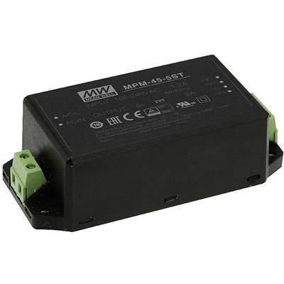 Čierny napájací zdroj so zelenými konektormi, model 'MPM-45-5ST' od Mean Well, zobrazuje vstupné napätia a výstupné parametre.