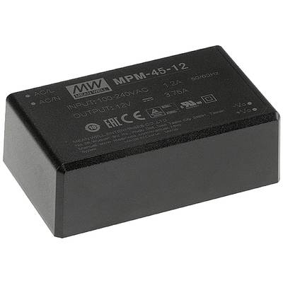Čierna napájacia jednotka s označením 'MPM-45-12' pre vstupy 100-240V AC a výstupným napätím 12V.