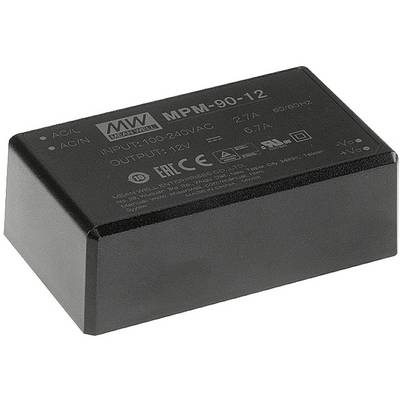 Priemyselný napájací zdroj v čiernom kryte, model 'MPM-90-12' od MEAN WELL, vstup 100-240V AC, výstup 12V, výkon 90 W.