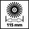 Symbol brúsneho kotúča s radiálnymi lúčmi a šípkou pod ním, ktorá označuje šírku 115 mm.