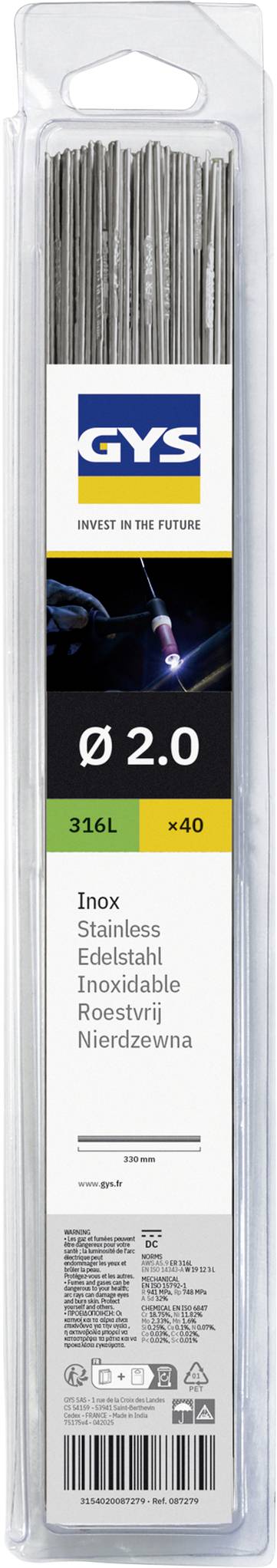 Balík GYS drôtov na zváranie z nehrdzavejúcej ocele 316L, Ø 2,0 mm, x40, s výrobným štítkom a značkou.