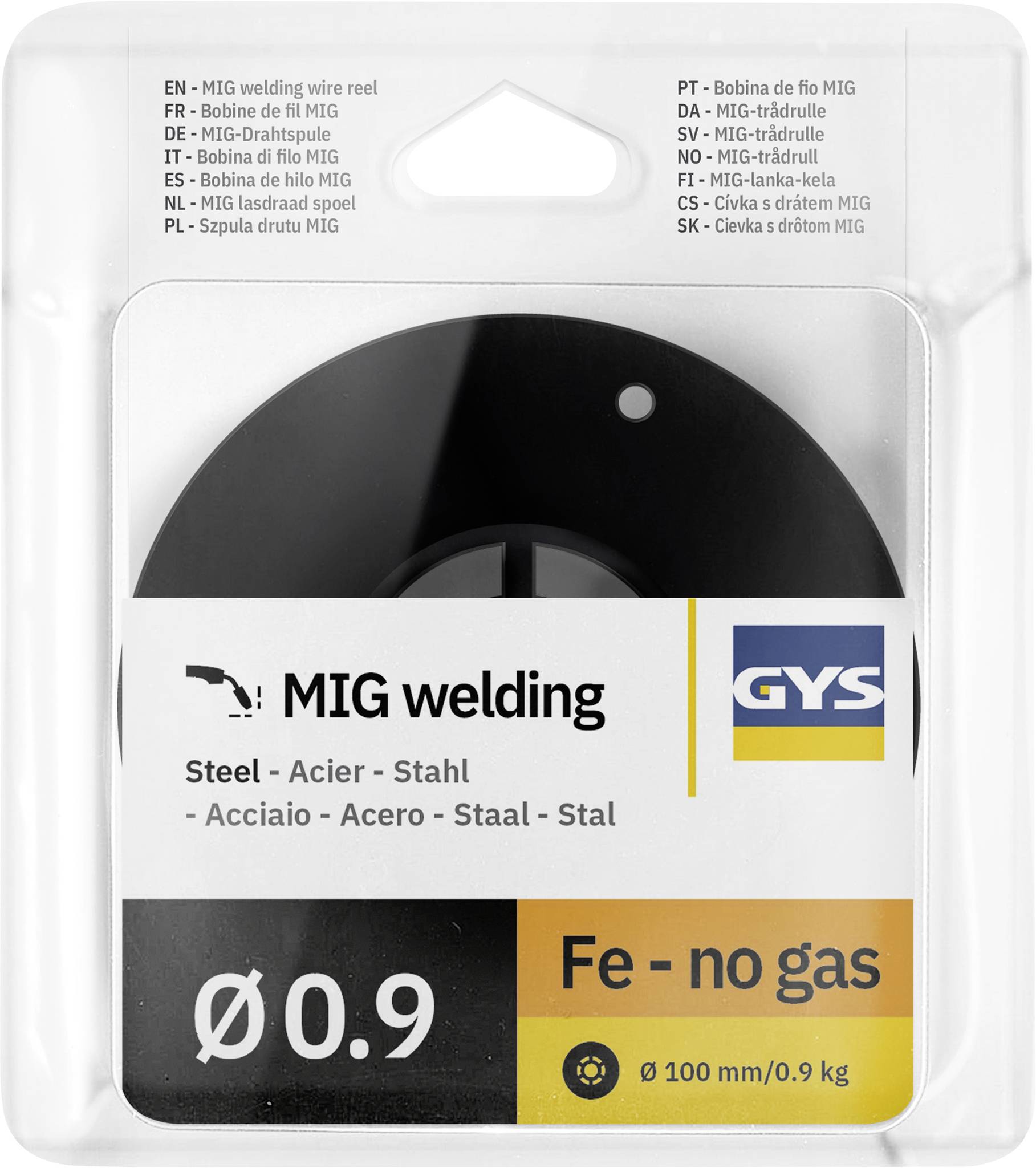 Balená cievka drôtu na MIG zváranie GYS s označením „Fe - bez plynu", „Ø 0,9" a „100 mm/0,9 kg" na použitie pri zváravaní ocele.