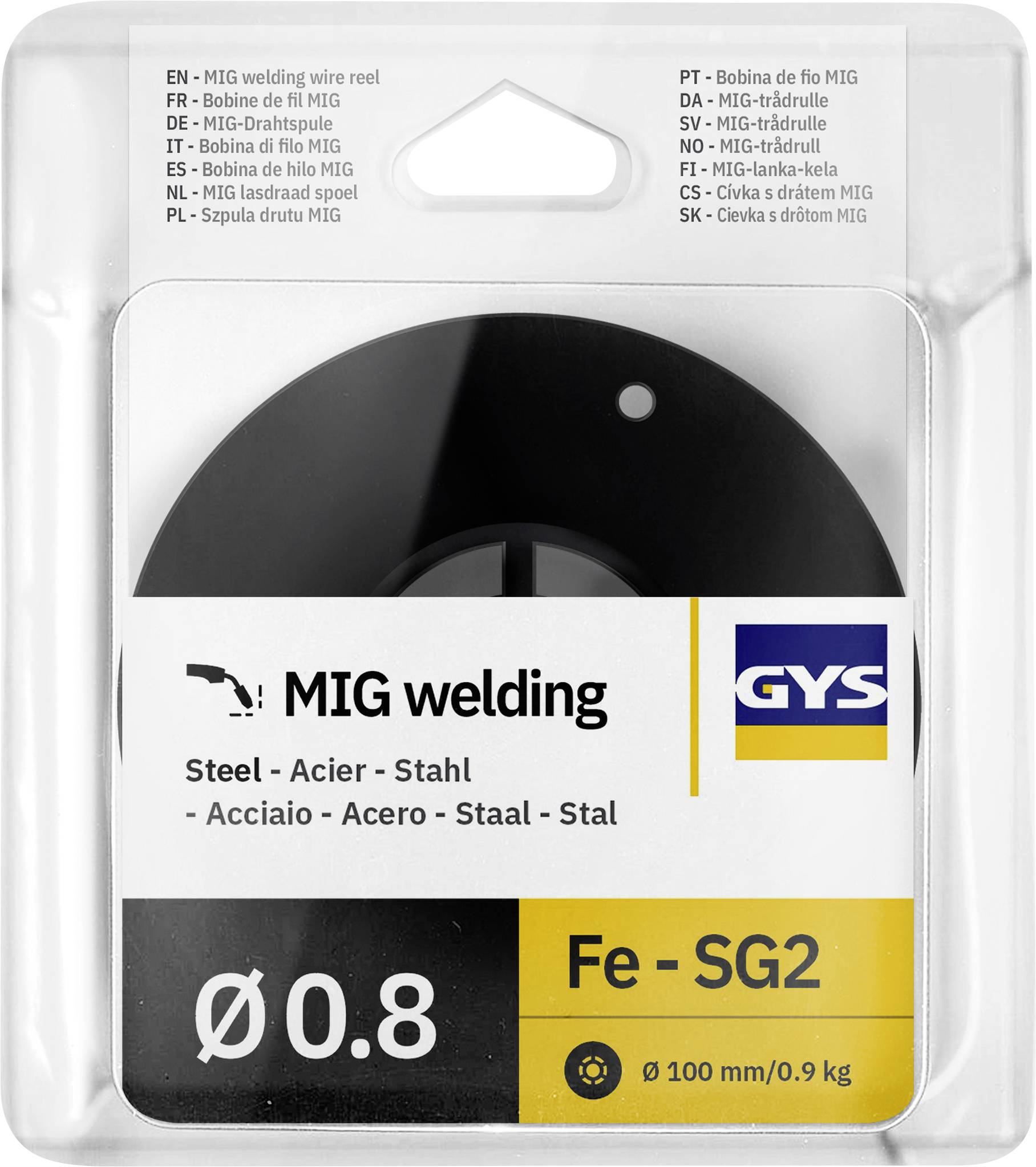 Balík MIG zváracieho drôtu pre oceľ, označený GYS, Fe-SG2, Ø 0,8, 100 mm/0,9 kg.