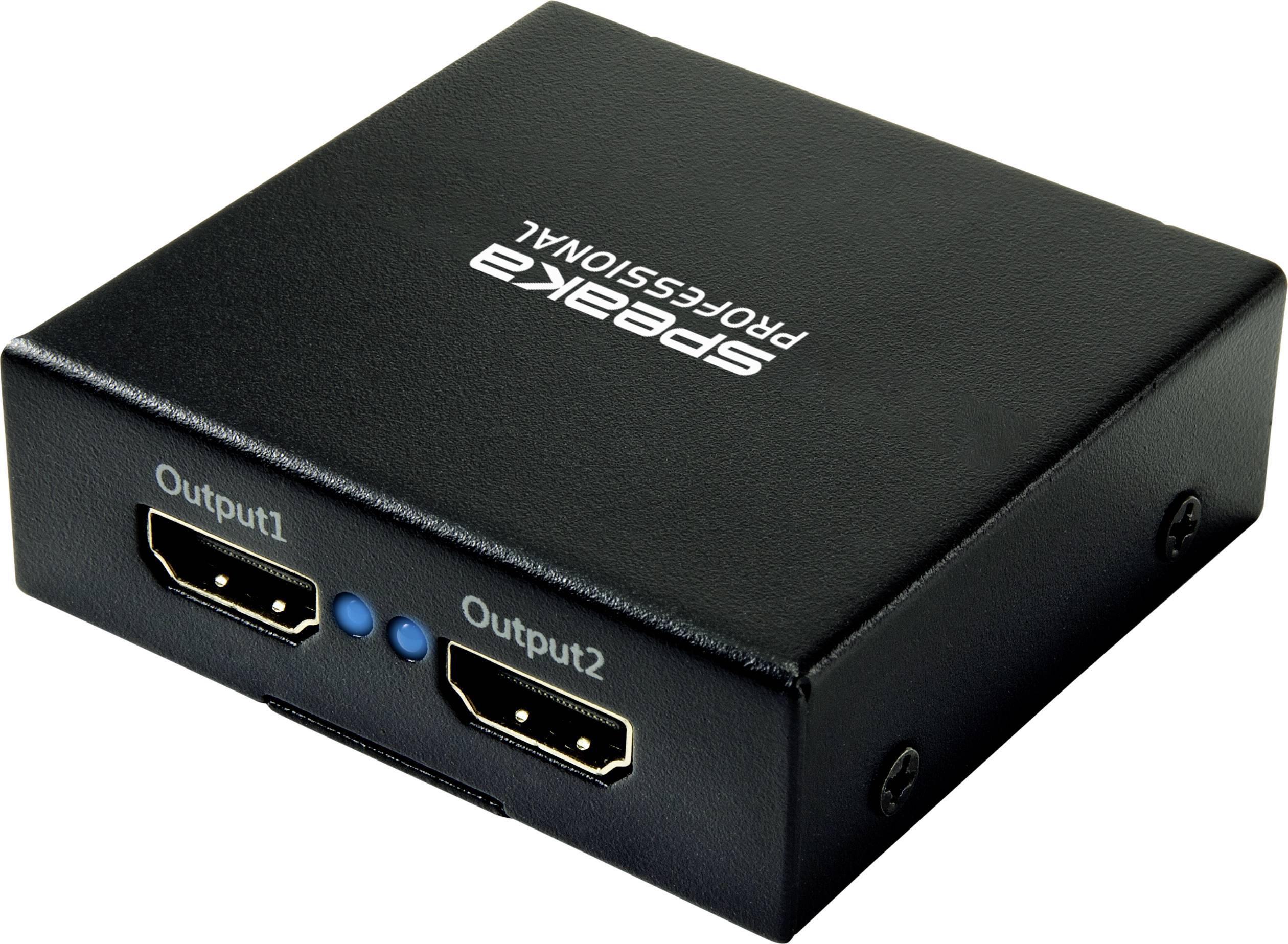 Čierny HDMI-splitter od Spera s dvoma výstupmi, ležiaci na stole.