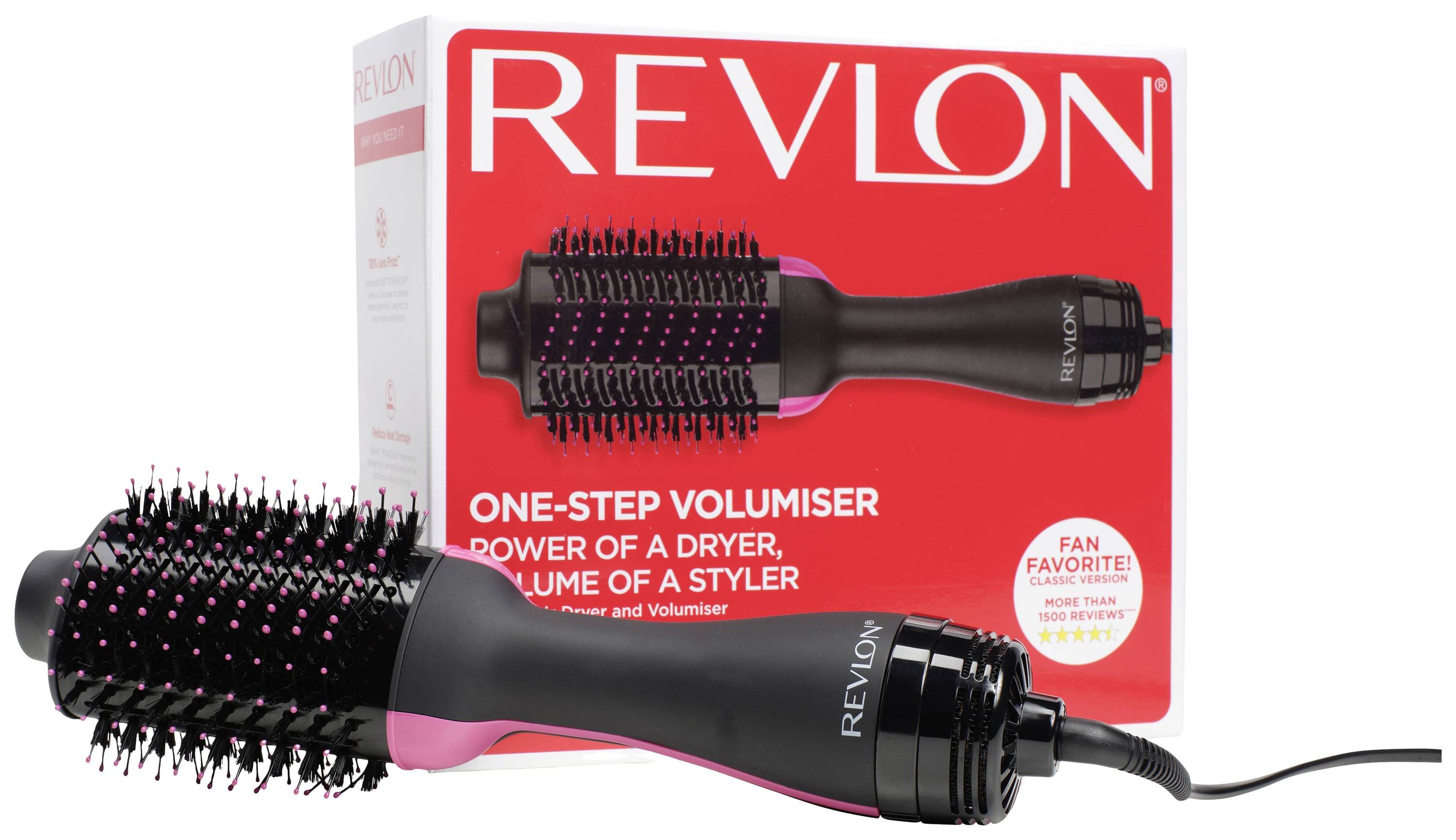 Elektrický fén a styler na vlasy Revlon s čiernou rukoväťou a ružovými akcentmi, zobrazený pred obalom produktu.