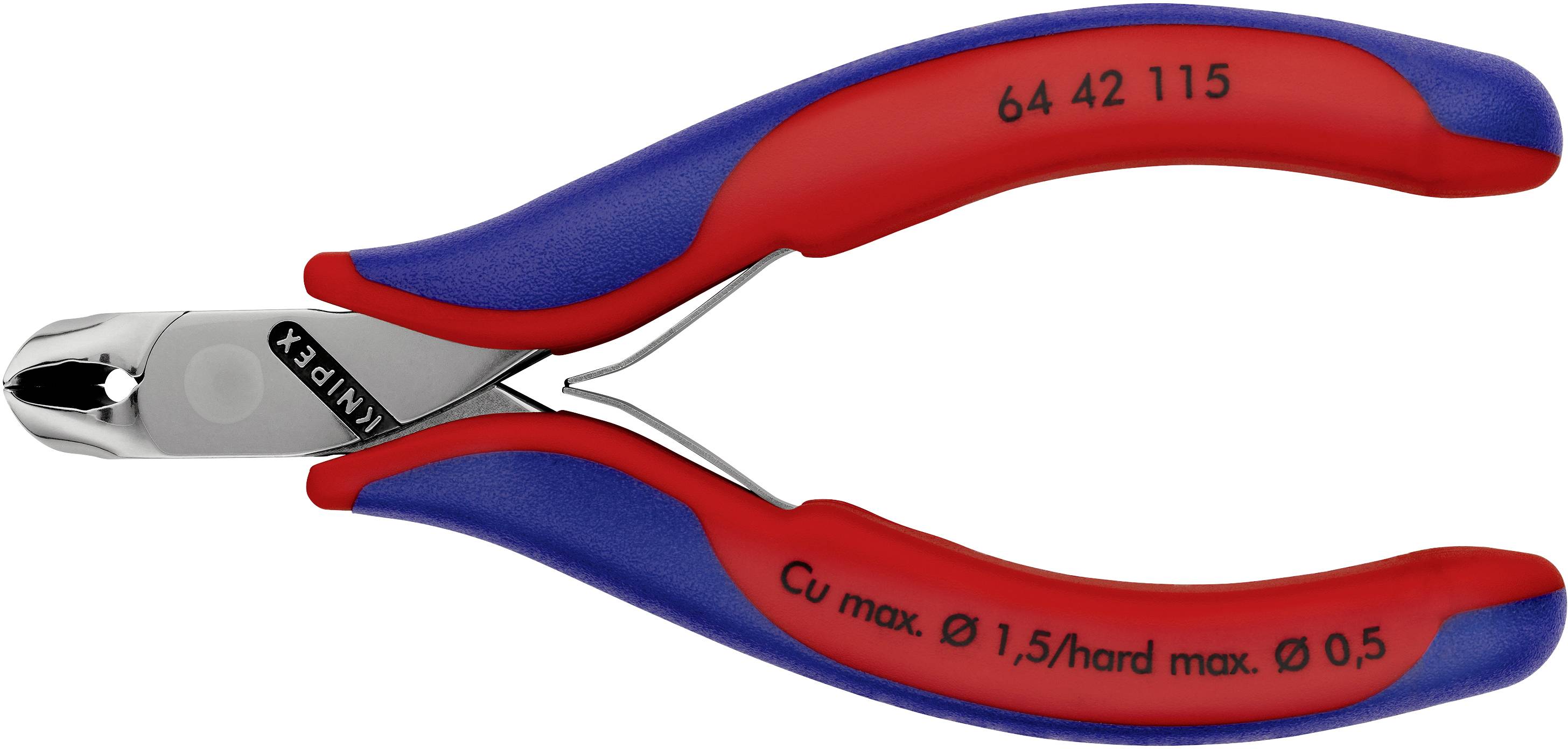 Červené a modré kliešte s nápisom '64 42 115' a 'Cu max. Ø 1,5/tvrdý max. Ø 0,5', vhodné na strihanie drôtov.
