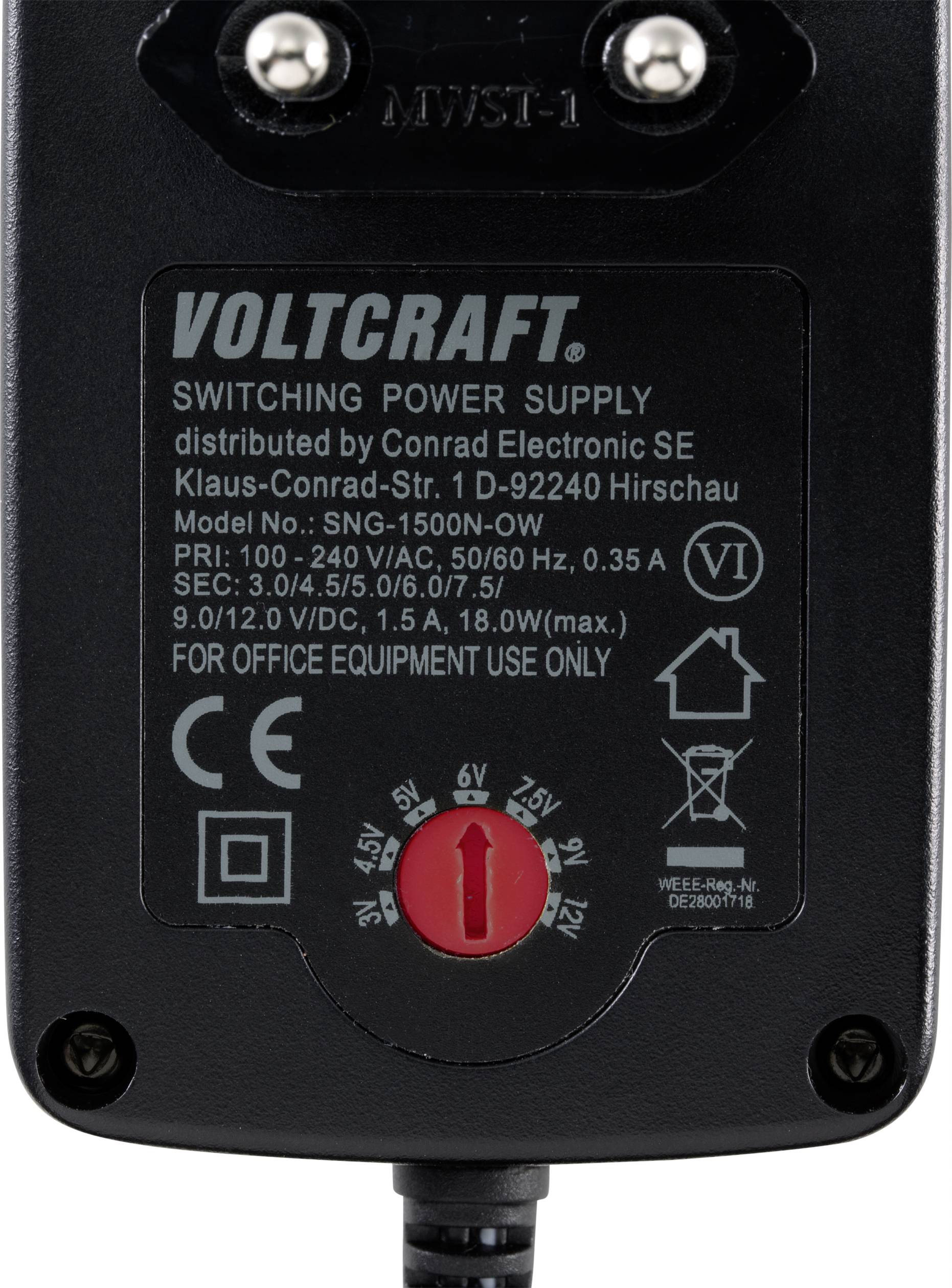 Čierna napájacia jednotka od VOLTCRAFT, model č. SNG-1500N-0W, so špecifikáciami pre 100-240 V striedavého prúdu, vhodná pre kancelárske vybavenie.