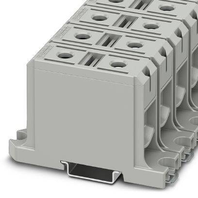 Sivý elektrický konektor na montáž na DIN lištu s viacerými pripojovaciami svorkami, často používaný v automatizačnej technike.